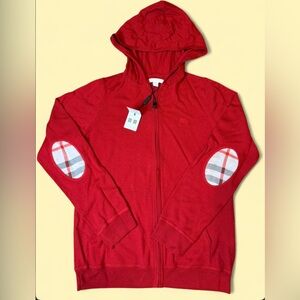 Burberry Military Red Zip-Up Hoodie with Plaid Elbow Patches Size: Boys 14Y
